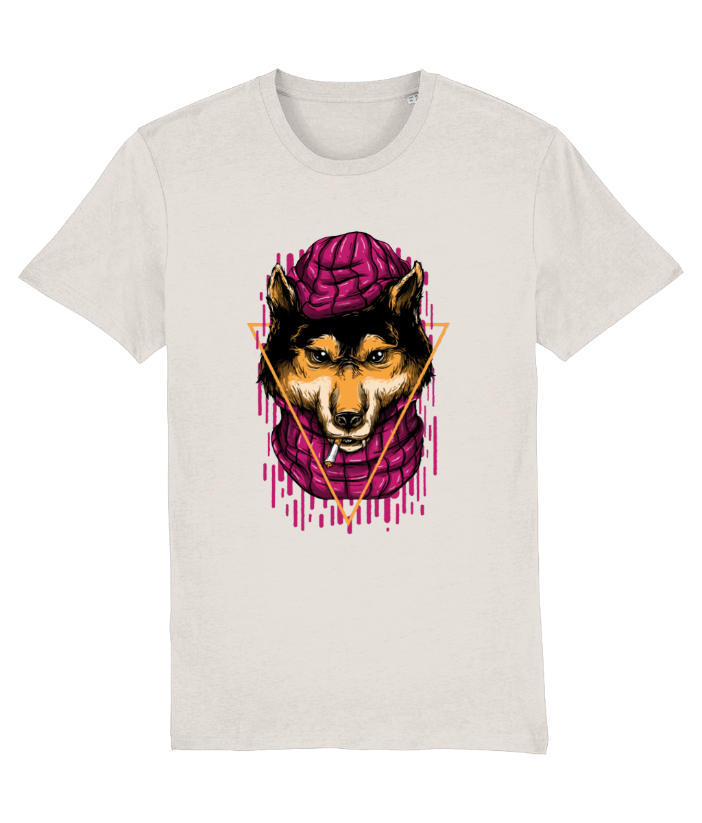 T-shirt with a graphic of a dog wearing a pink scarf and headband on a white background