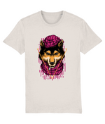 T-shirt with a graphic of a dog wearing a pink scarf and headband on a white background