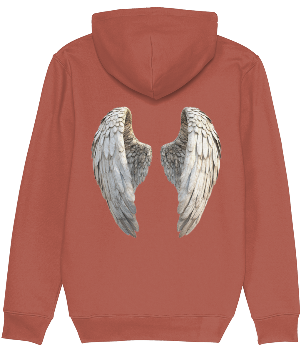 Women's Brown hoodie with angel wings design on the back against a white background
