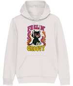Women's White hoodie with a black cat graphic and 'Feelin' Groovy' text on a white background