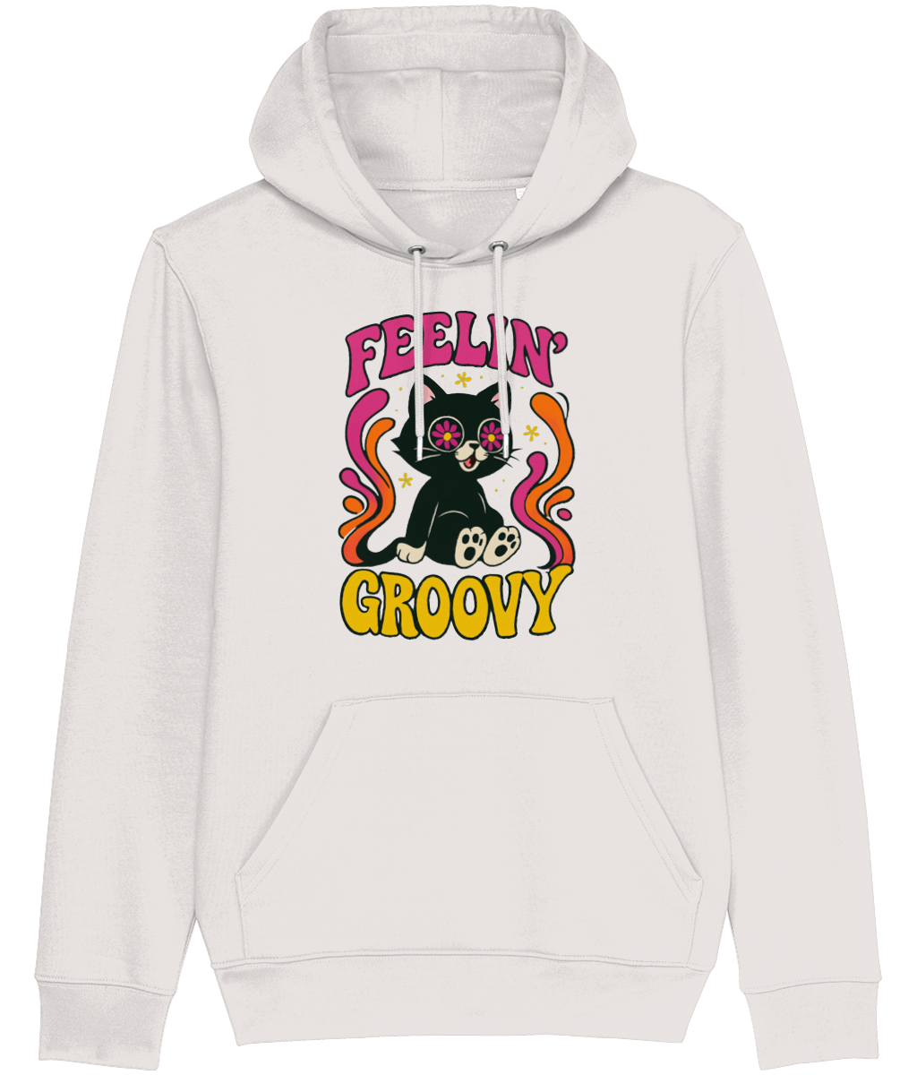Women's White hoodie with a black cat graphic and 'Feelin' Groovy' text on a white background