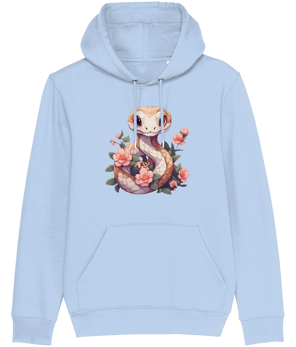 Women's Stanley/Stella Light blue hoodie with a snake and floral design on a white backgroundand