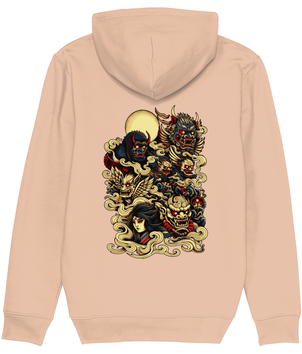 A Stanley/Stella Cruiser light peach-colored hoodie shown from the back, featuring a large, detailed graphic print of various Japanese Oni demons and skulls amidst swirling golden clouds.