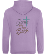 A lavender purple womens's hoodie shown from the back, featuring a graphic print with the text 'Jesus has my Back' in gray and brown script alongside a teal cross.
