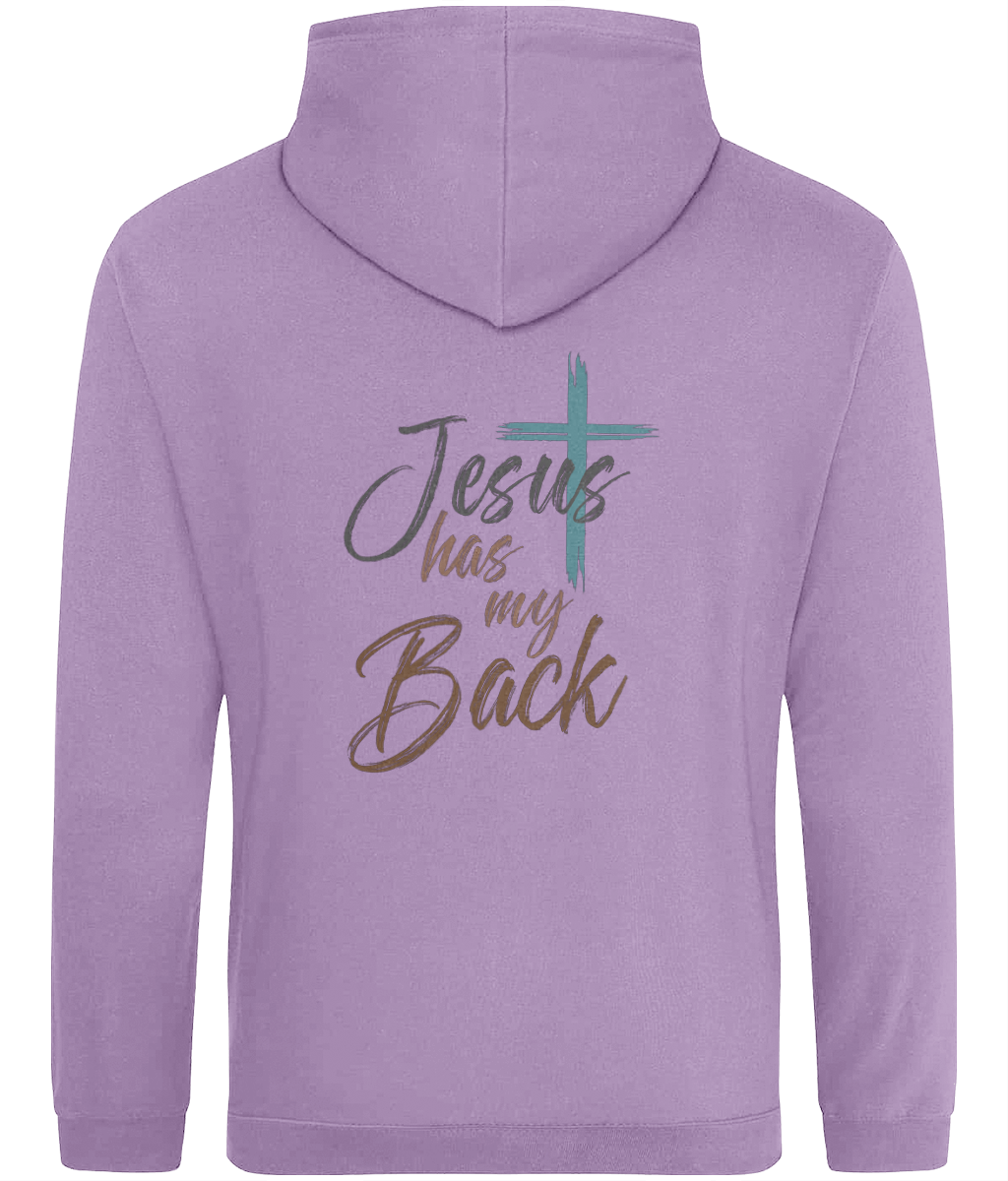 A lavender purple womens's hoodie shown from the back, featuring a graphic print with the text 'Jesus has my Back' in gray and brown script alongside a teal cross.
