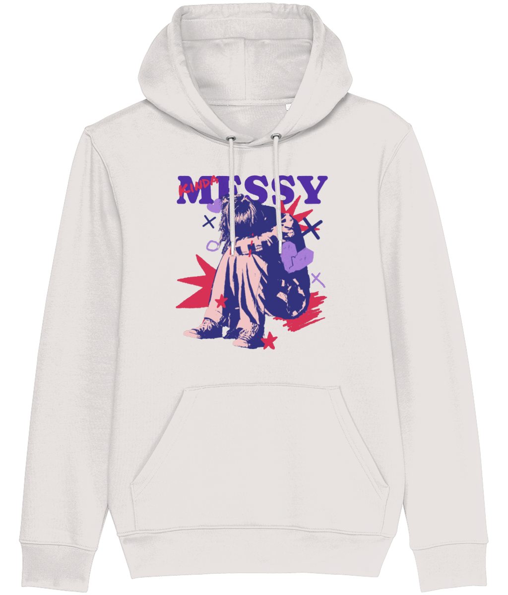 Woman White hoodie with colorful graphic design on a white background