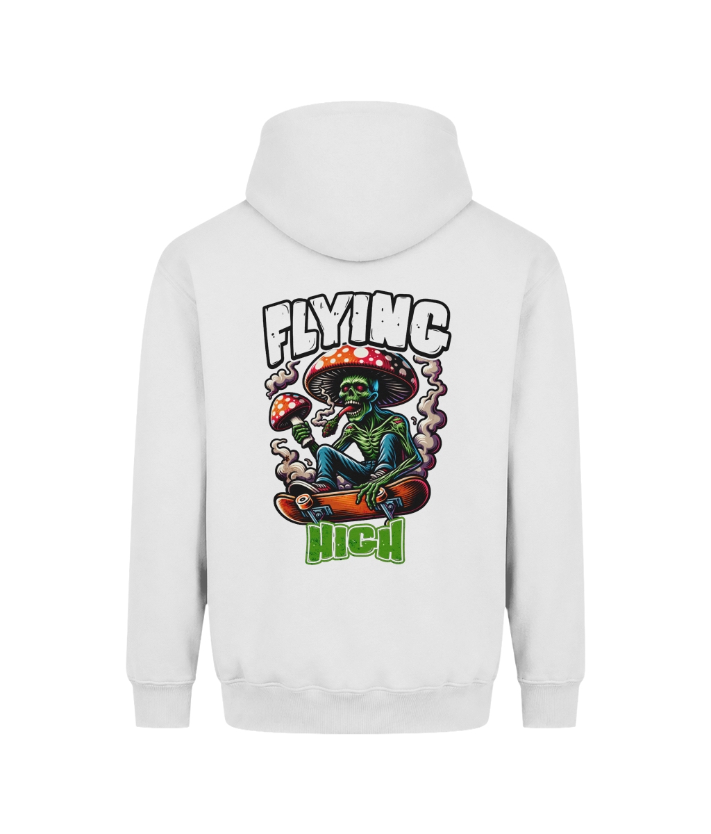 A men’s graphic hoodie with a colorful psychedelic skull, mushroom, and skateboard design. The artwork combines trippy colors, gothic elements, skate culture, and alternative fashion for a bold casual look. 