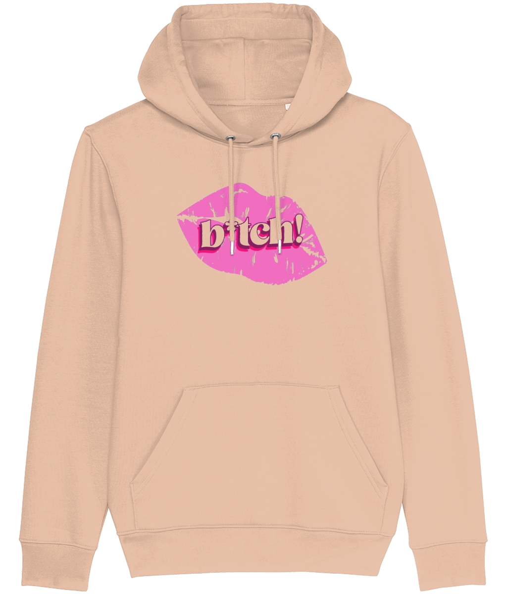 Women's Beige hoodie with pink lips graphic and 'bitch!' text on a white background
