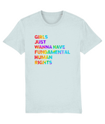 Women's Light blue t-shirt with colorful text on a white background