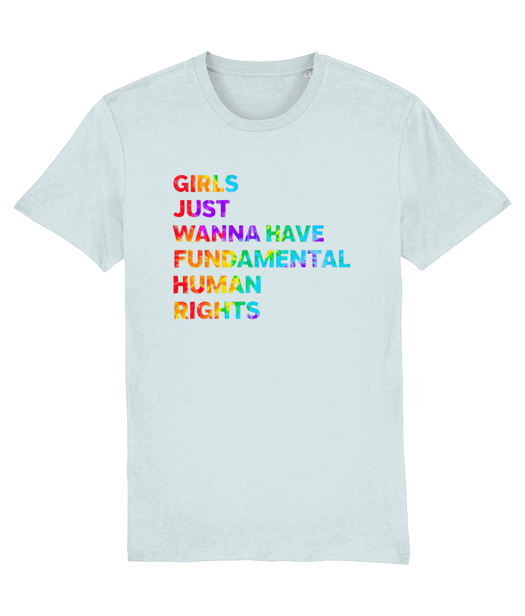 Women's Light blue t-shirt with colorful text on a white background