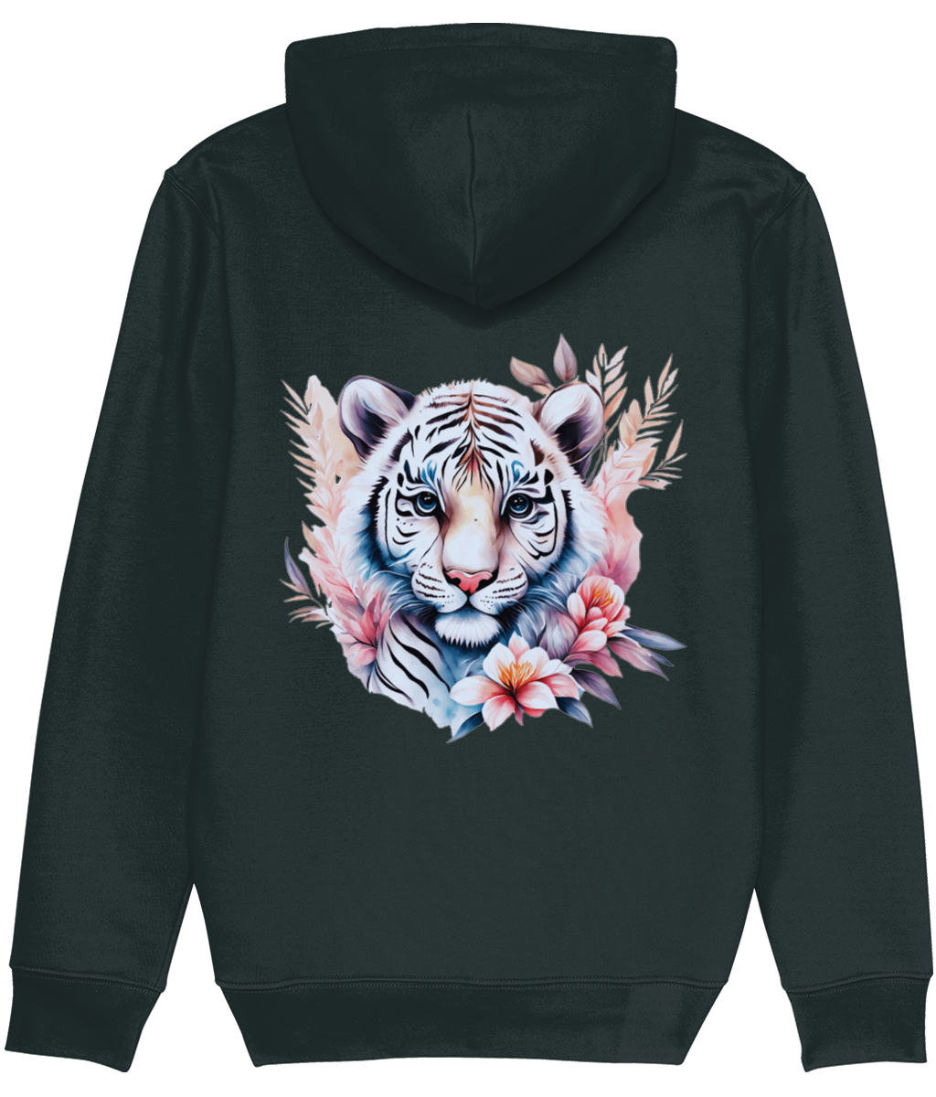 Women's Black hoodie with a colorful tiger and floral design on the back against a white background