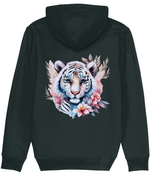 Women's Black hoodie with a colorful tiger and floral design on the back against a white background