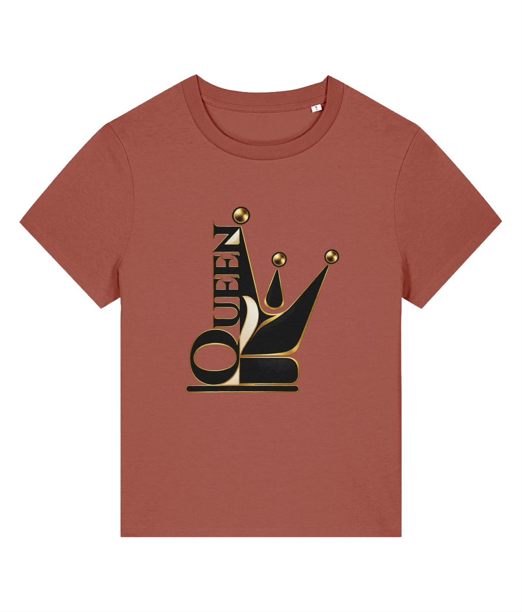 A short-sleeve crewneck womens t-shirt in a muted terracotta or rust color, featuring a large graphic on the chest of a black and gold crown with the word 'QUEEN' integrated vertically.