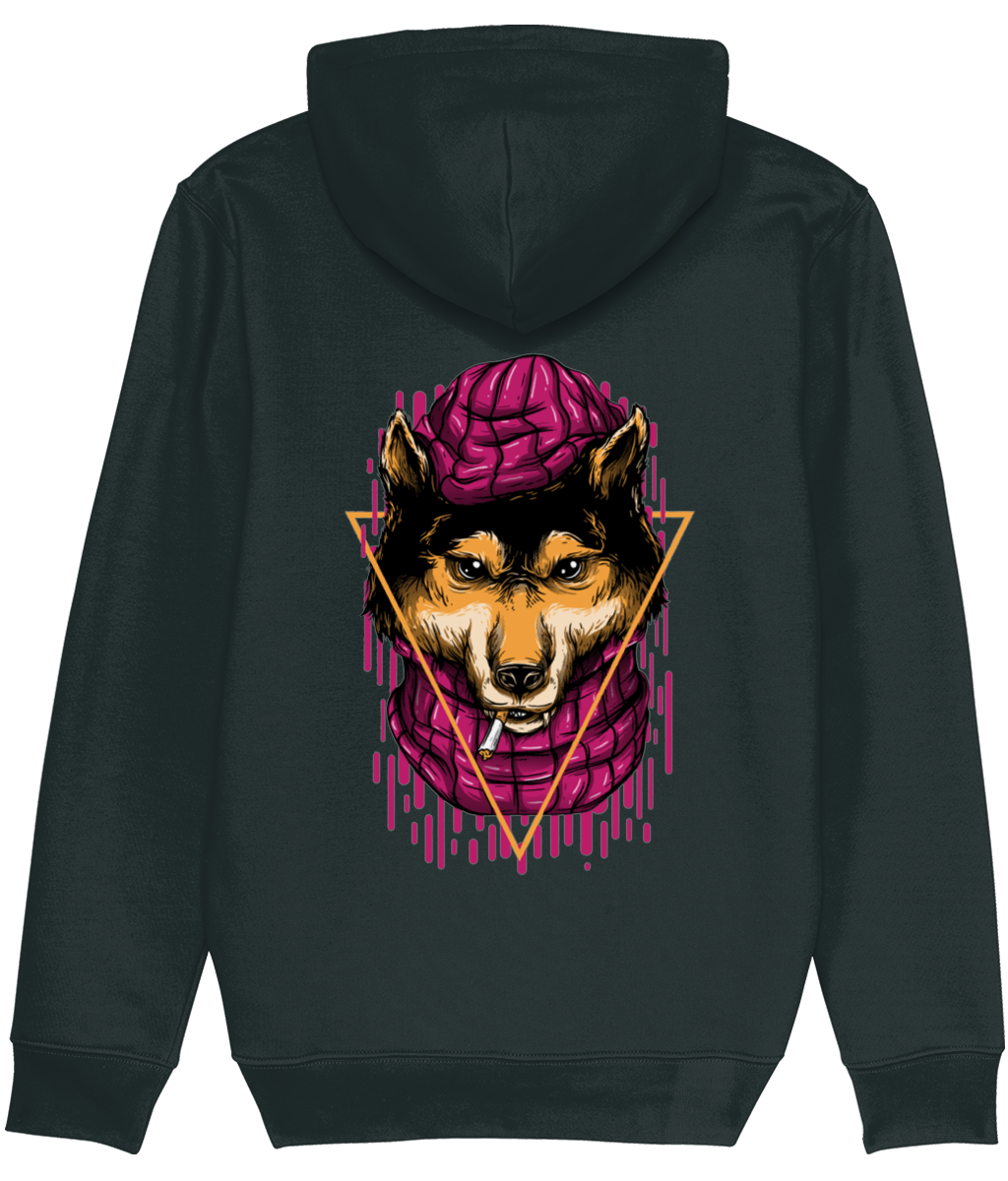 Men's Black hoodie with a colorful graphic of a wolf wearing a pink headband on the back.