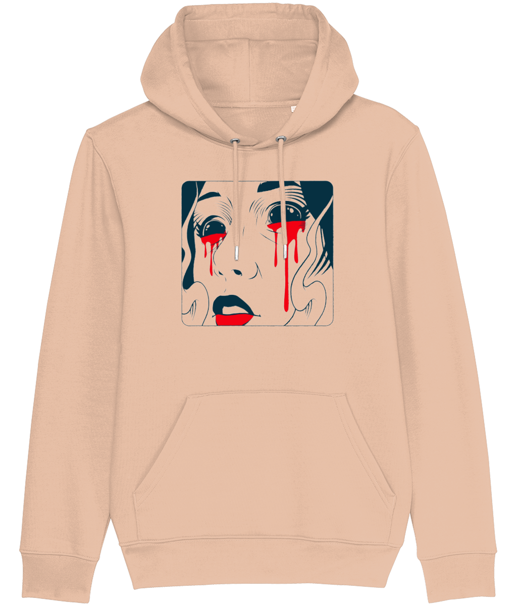 Women's Stanley/Stella Beige hoodie with a graphic design of a face with red accents on a beige background