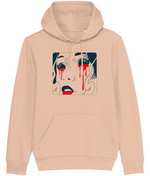 Women's Stanley/Stella Beige hoodie with a graphic design of a face with red accents on a beige background
