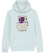 women's Light blue hoodie with a graphic of a cat and text 'Tune In & Chill Out' on a white background