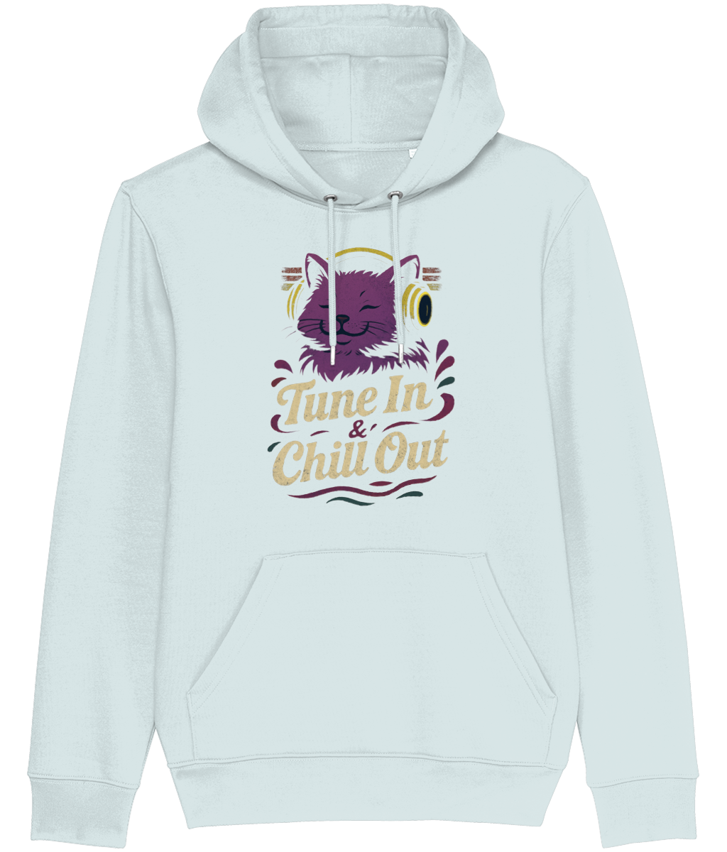 women's Light blue hoodie with a graphic of a cat and text 'Tune In & Chill Out' on a white background