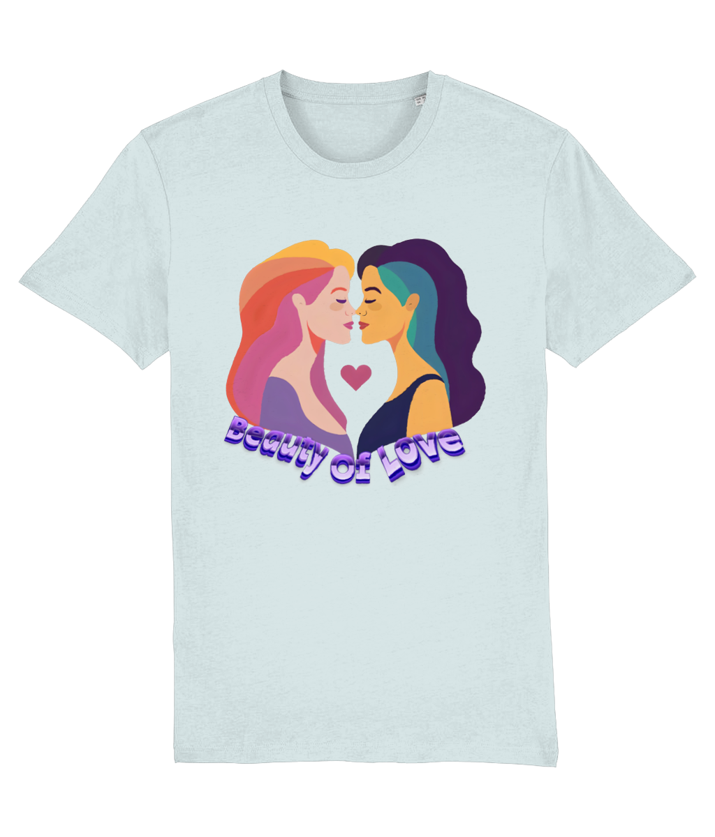Women's Stanley/Stella Light blue t-shirt with a graphic of two people kissing and the text 'Beauty of Love' on a white background.