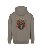 A taupe gray pullover hoodie shown from the back, featuring a large graphic print of a skull riding a motorcycle with red and orange flames.