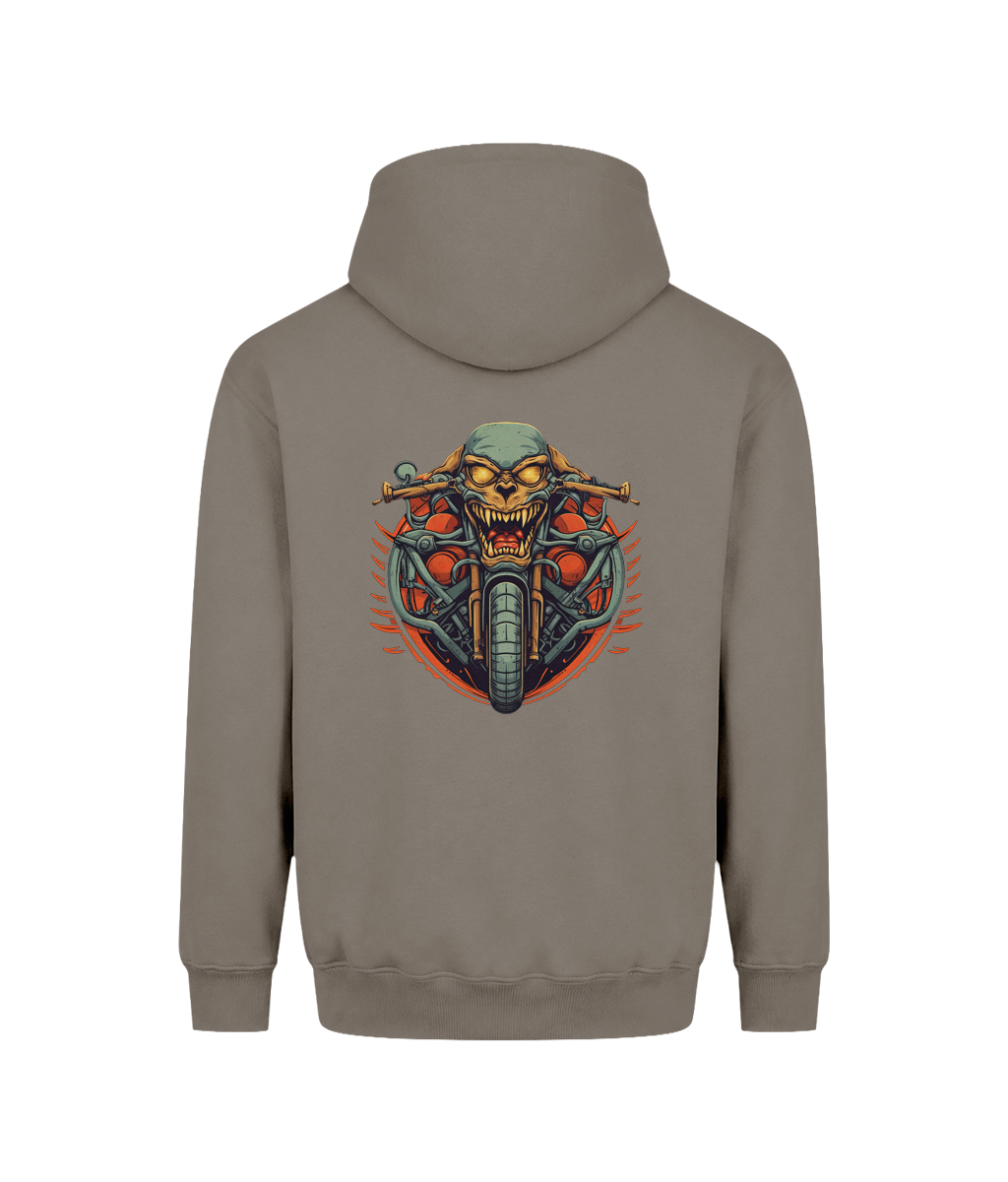 A taupe gray pullover hoodie shown from the back, featuring a large graphic print of a skull riding a motorcycle with red and orange flames.