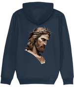 Men's Navy blue hoodie with a graphic of a religious figure on the back