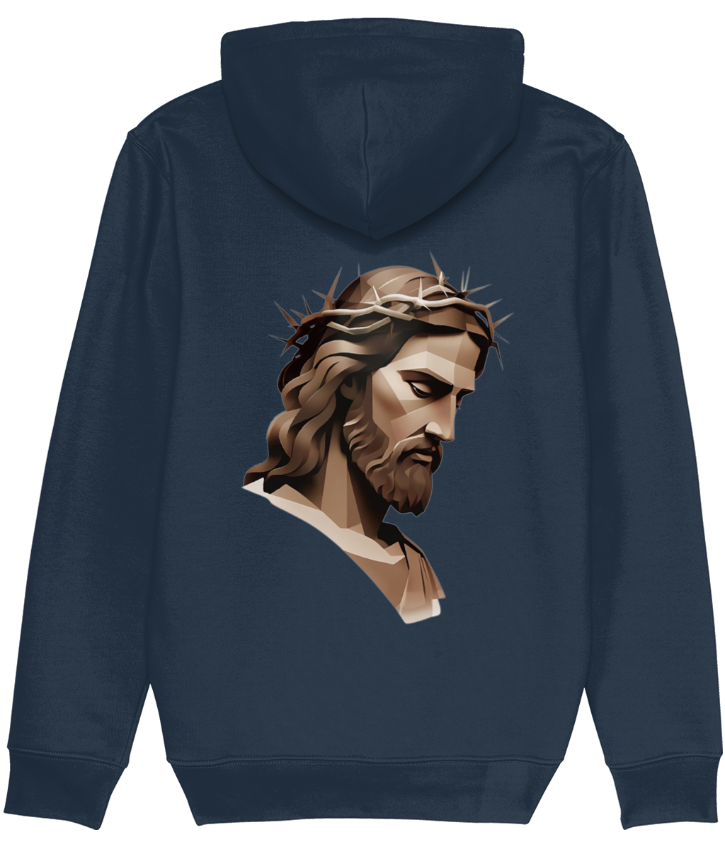 Men's Navy blue hoodie with a graphic of a religious figure on the back