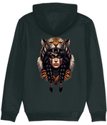 A womens dark charcoal gray hoodie shown from the back, featuring a large graphic print of a tiger's head and face with braided hair on the center back.