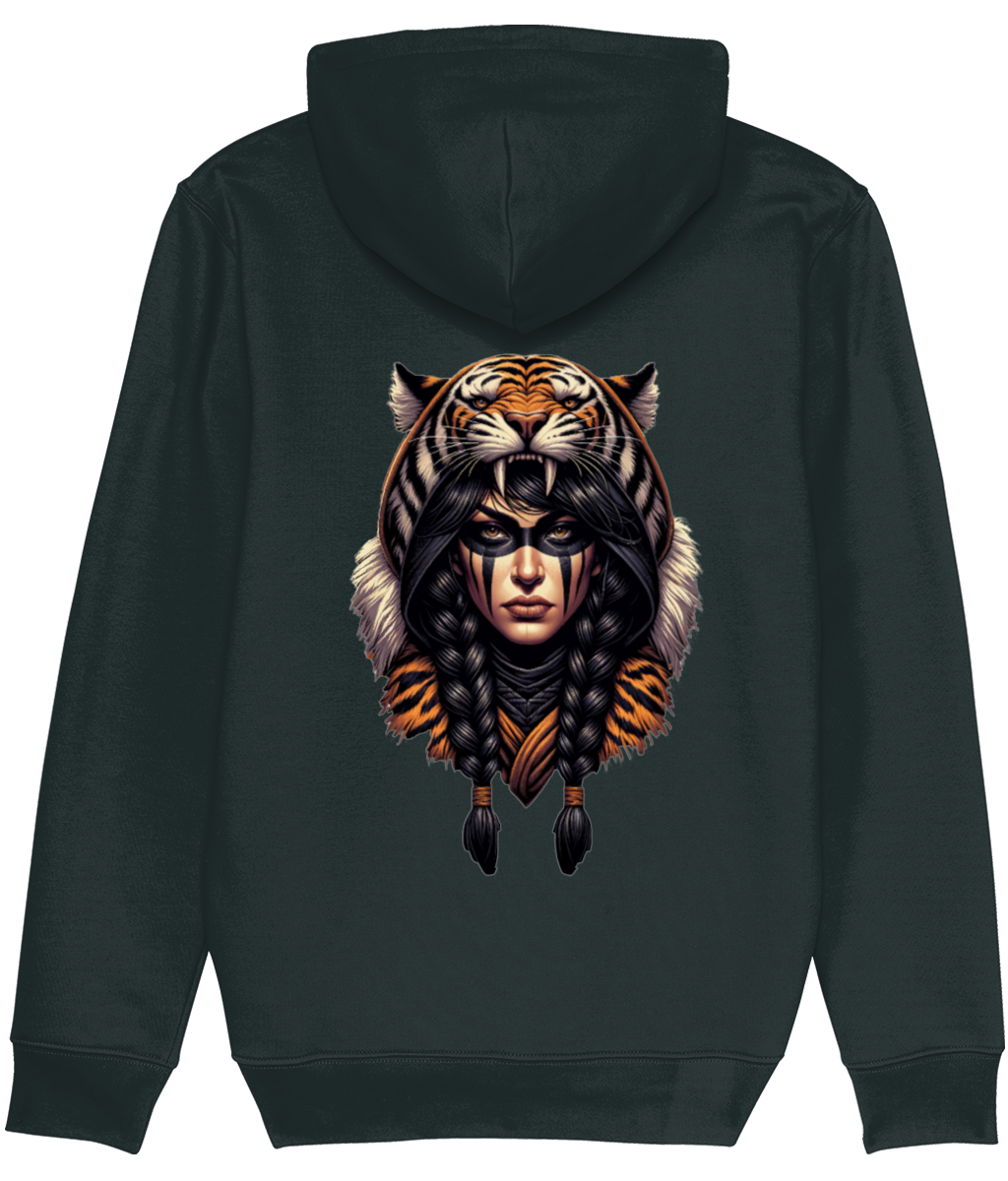 A womens dark charcoal gray hoodie shown from the back, featuring a large graphic print of a tiger's head and face with braided hair on the center back.