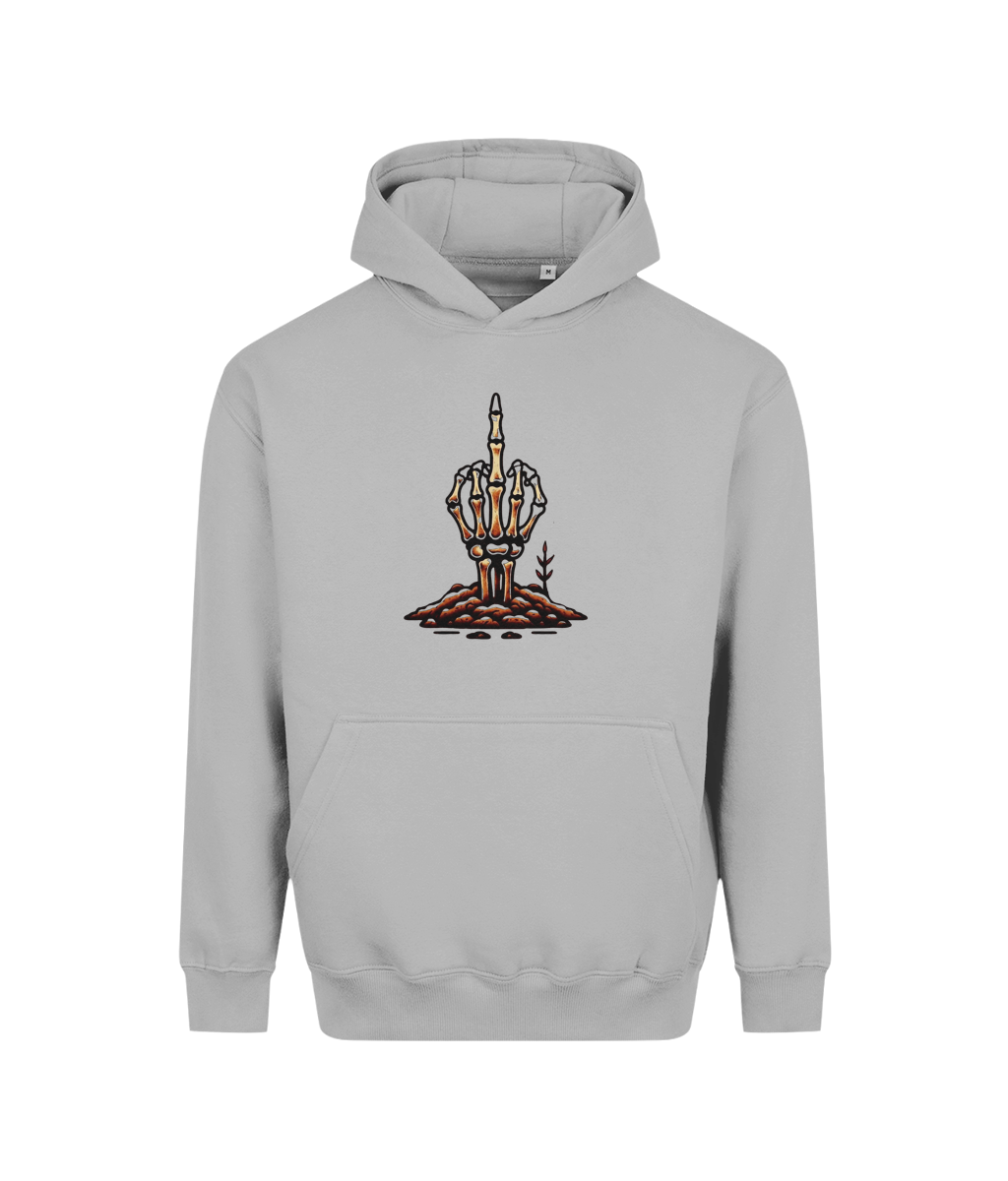 A light gray pullover hoodie with a central graphic of a skeletal hand holding a lit candle over a pile of brown coins, displayed on a clean white background.