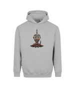 A light gray pullover hoodie with a central graphic of a skeletal hand holding a lit candle over a pile of brown coins, displayed on a clean white background.