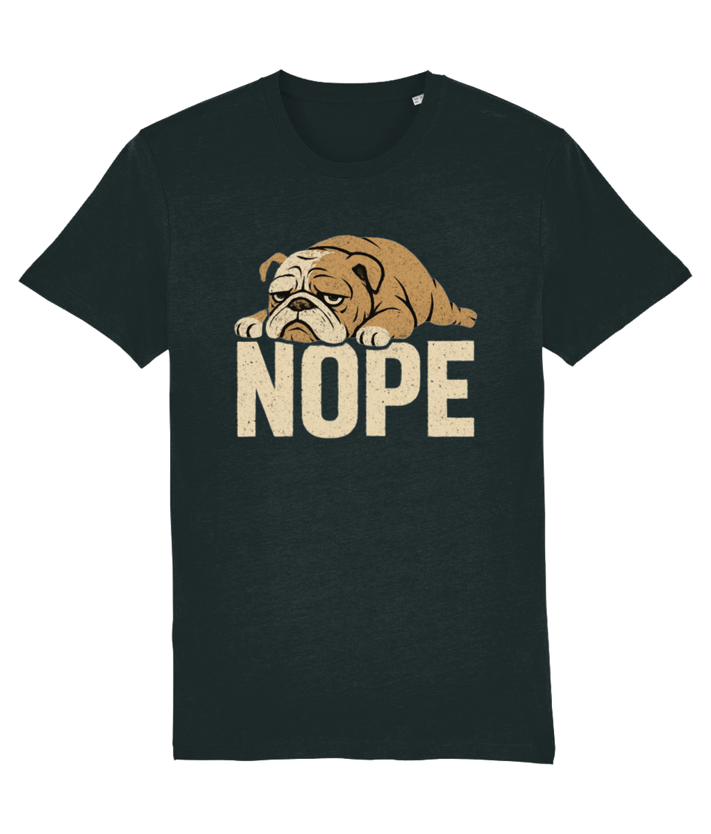 Woman Black t-shirt with a bulldog graphic and 'NOPE' text on a white background