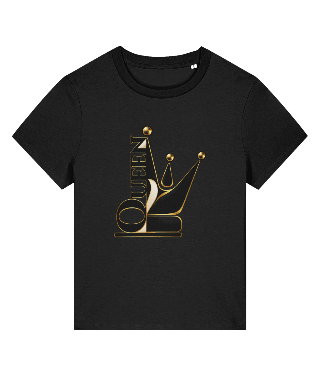 A black short-sleeve crewneck womens t-shirt featuring a stylized gold crown graphic with the word 'QUEEN' integrated vertically on the front.
