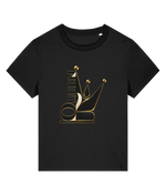 A black short-sleeve crewneck womens t-shirt featuring a stylized gold crown graphic with the word 'QUEEN' integrated vertically on the front.