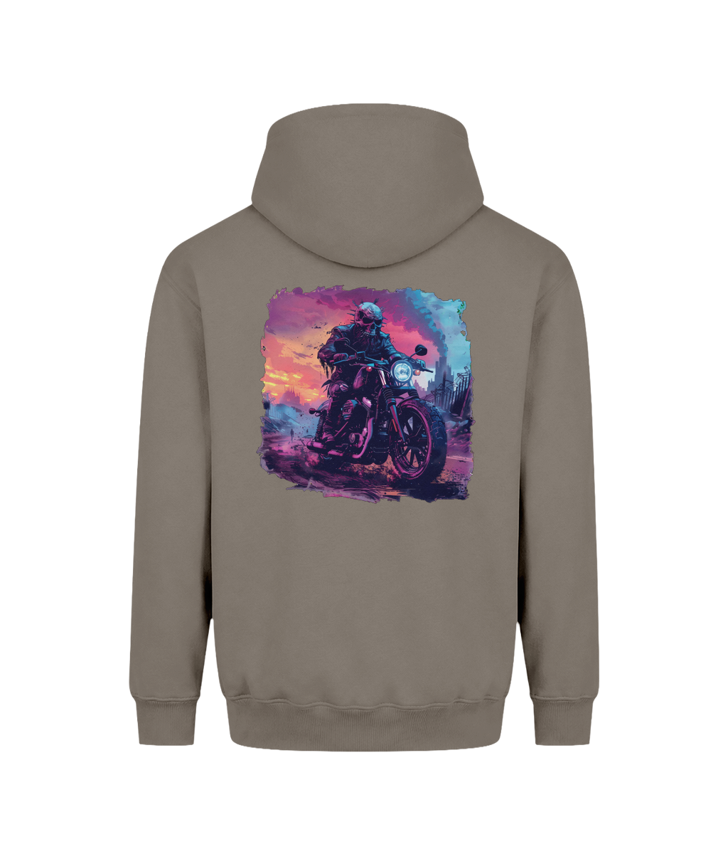 A men’s graphic hoodie with a dark motorcycle rider and skull design set against a colorful urban landscape.