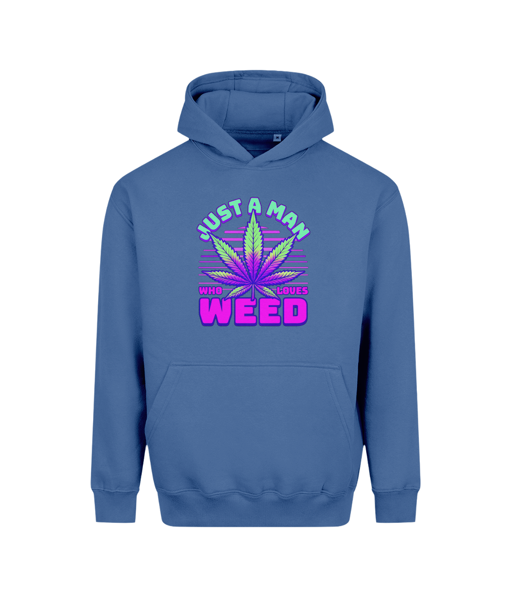 A bold men’s graphic hoodie designed for cannabis and weed lovers. The colorful cannabis leaf design combines bright green, purple, and pink tones with the words “Just a Man Who Loves Weed,” giving the hoodie a fun and distinctive look. 