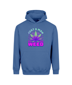A bold men’s graphic hoodie designed for cannabis and weed lovers. The colorful cannabis leaf design combines bright green, purple, and pink tones with the words “Just a Man Who Loves Weed,” giving the hoodie a fun and distinctive look. 