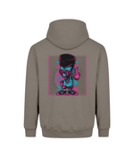 A taupe brown pullover hoodie shown from the back, featuring a colorful graphic print of a cartoon character wearing a black top hat and pink sunglasses, making a peace sign.