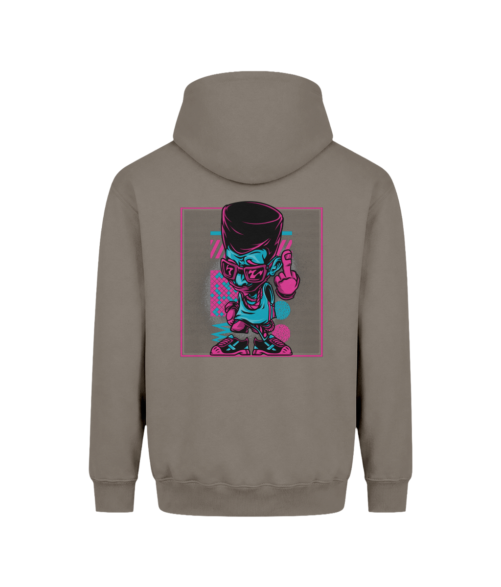 A taupe brown pullover hoodie shown from the back, featuring a colorful graphic print of a cartoon character wearing a black top hat and pink sunglasses, making a peace sign.