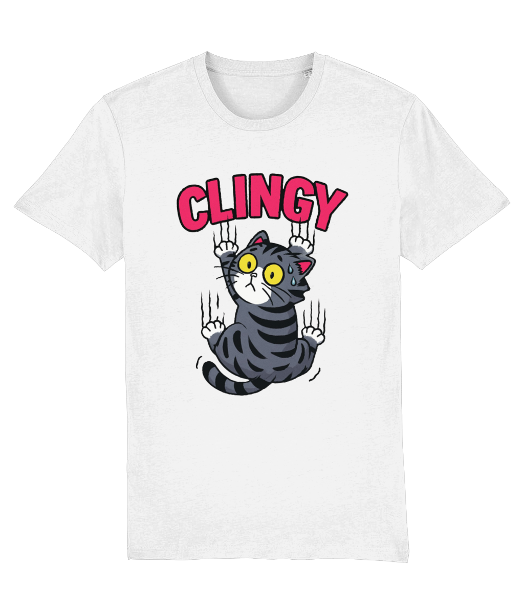 Women's White t-shirt with a cartoon cat and 'CLINGY' text on a white background