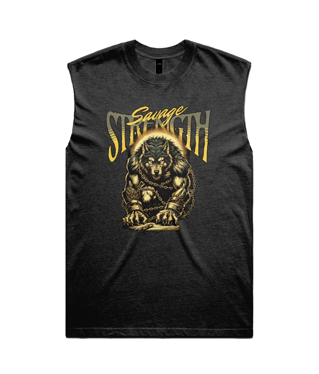 A black sleeveless muscle tank top featuring a graphic of a muscular bear chained down with the text 'Savage Strength' in a distressed gold font, displayed on a solid white background.