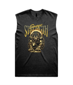 A black sleeveless muscle tank top featuring a graphic of a muscular bear chained down with the text 'Savage Strength' in a distressed gold font, displayed on a solid white background.
