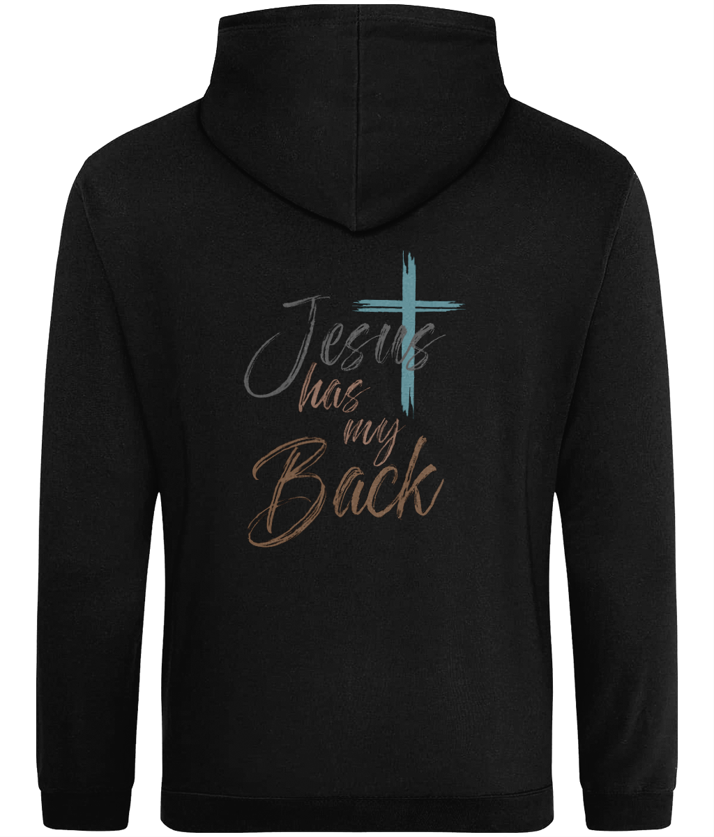 A black pullover hoodie shown from the back, featuring a graphic print with the text 'Jesus has my Back' in gray and brown script, accented by a teal cross.