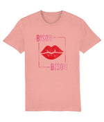 Women's Pink t-shirt with red lips and 'Bisou' text on a white background