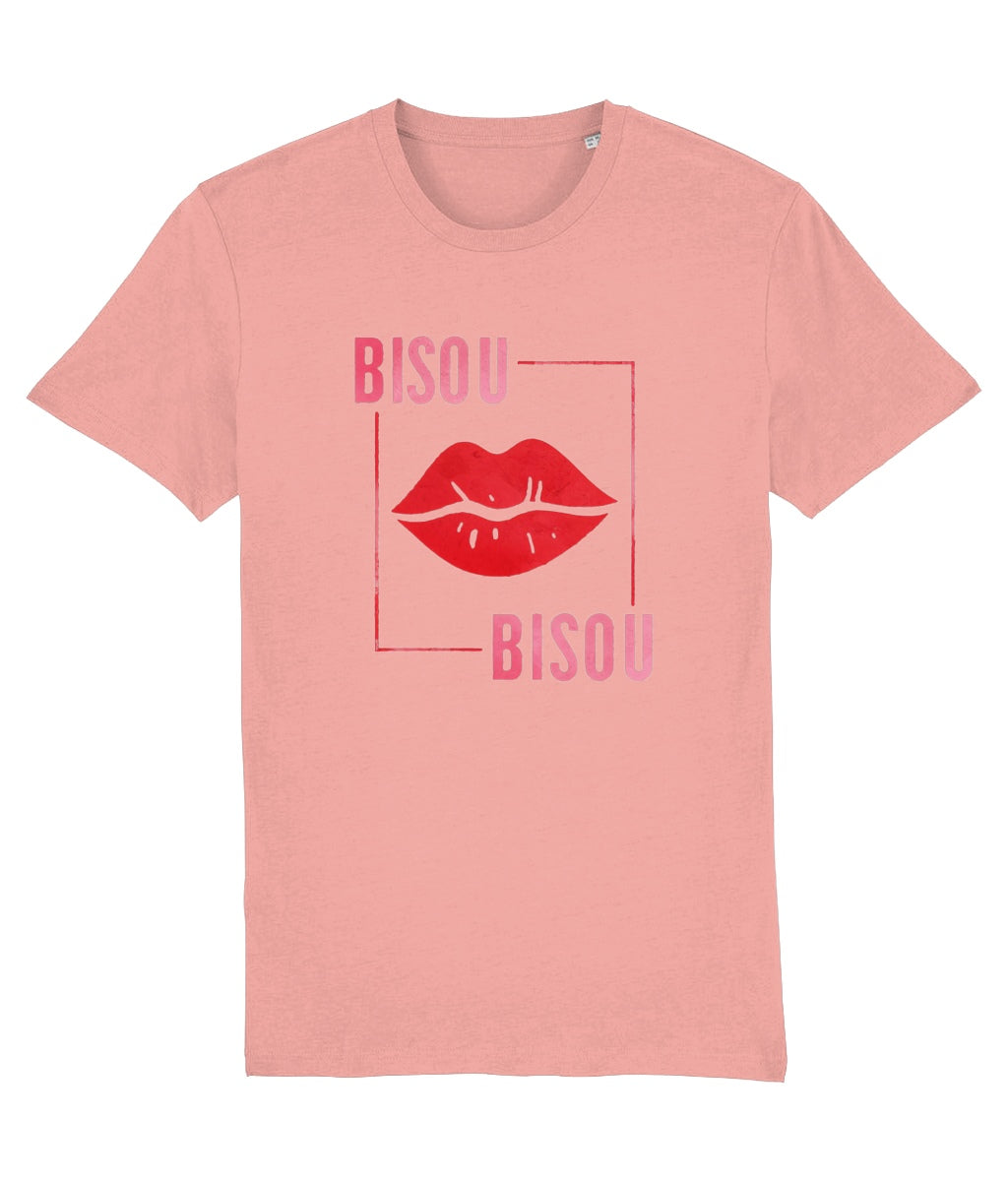 Women's Pink t-shirt with red lips and 'Bisou' text on a white background