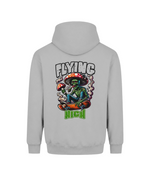 A light gray pullover hoodie shown from the back, featuring a colorful graphic of a green zombie sitting on a skateboard with red mushrooms and the text 'FLYING HIGH'.