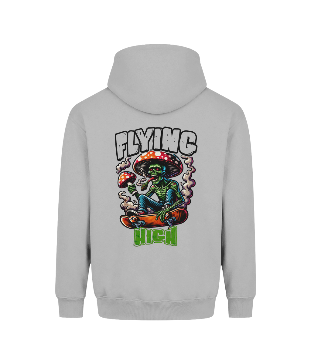 A light gray pullover hoodie shown from the back, featuring a colorful graphic of a green zombie sitting on a skateboard with red mushrooms and the text 'FLYING HIGH'.