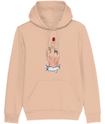 Women's Beige hoodie with a graphic of a hand holding a candy on a white background