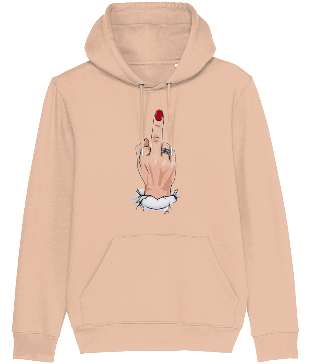Women's Beige hoodie with a graphic of a hand holding a candy on a white background