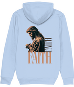 Women's Light blue hoodie with a graphic of a praying figure and the word 'FAITH' on the back.
